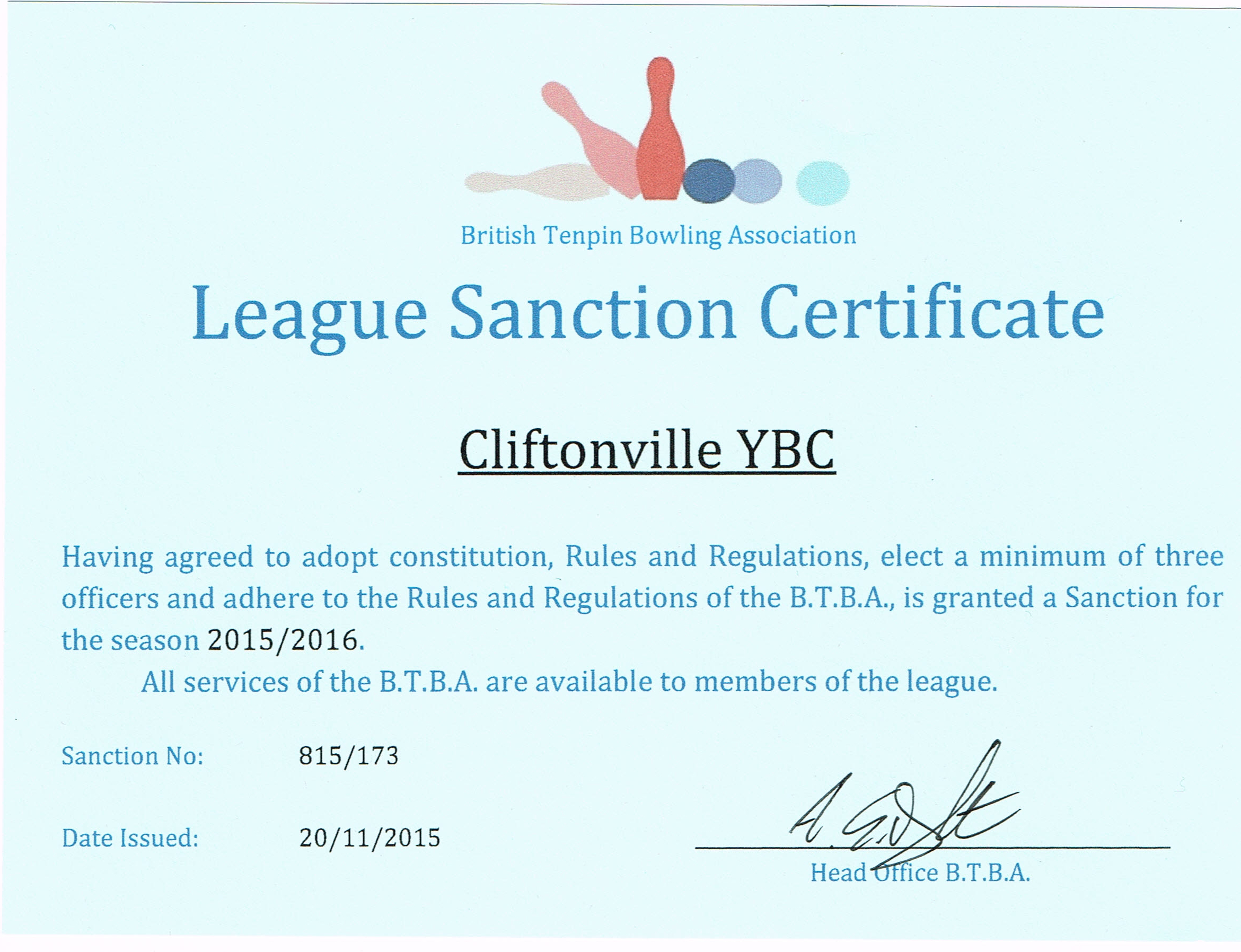 BTBA Sanction Cert 2013/14